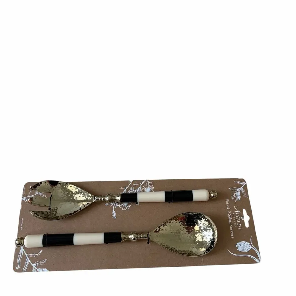 Artistic Accents Set of 2 Salad Servers Black & White Striped Gold Glam New